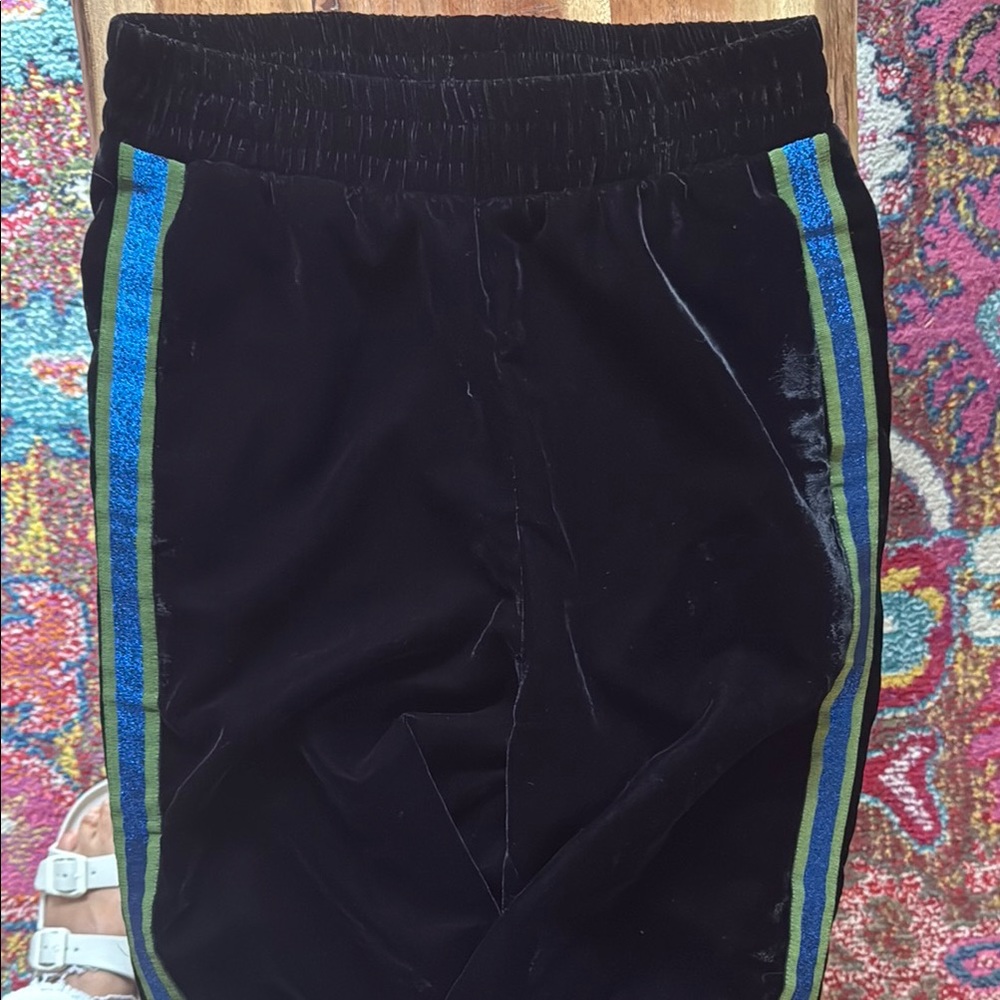 Unique Black Velvet French Designer Pants with Striking Stripes